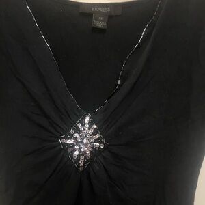 Express Women's Black V-Neck Sequin Accent Top
